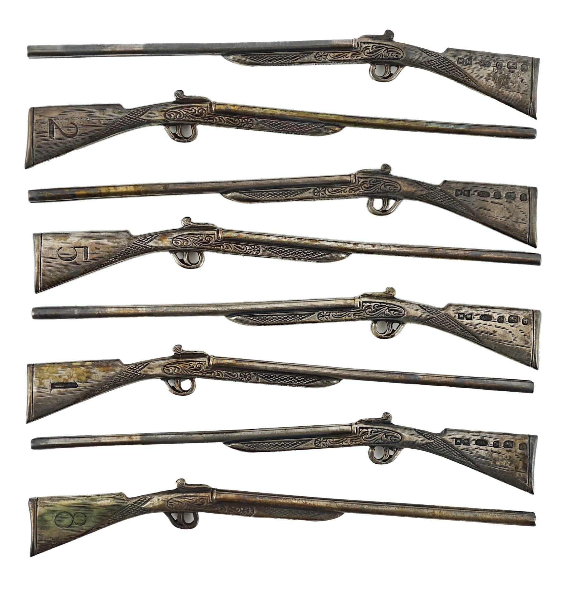 A modern set of eight novelty silver butt markers, modelled as double barrelled shotguns
